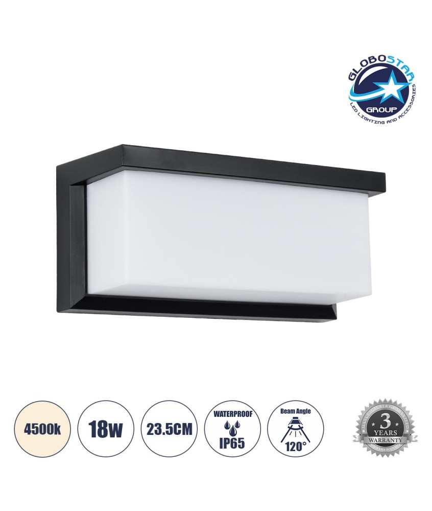 GLOBOSTAR® CITYSCAPE 60699 Μοντέρνο Φωτιστικό Τοίχου - Απλίκα LED 18W 1890lm 120° AC 220-240V Αδιάβροχο IP65 Φυσικό Λευκό 4500K - Bridgelux SMD Chip - Μαύρο Ματ - Μ23.5 x Π11 x Υ10cm - 3 Χρόνια Εγγύηση